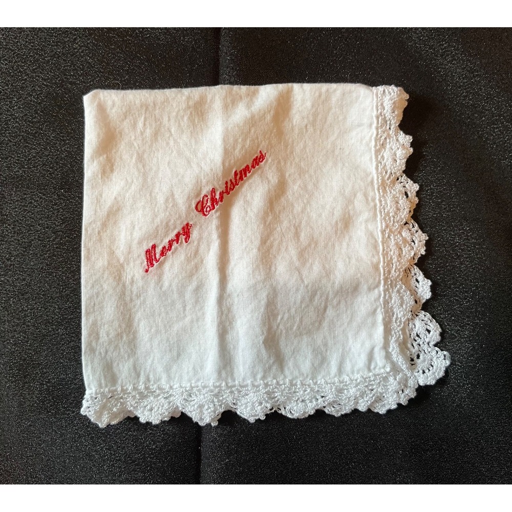 Vintage Handkerchief Red Embroidered "Merry Christmas" White Crocheted Border